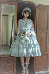 Green Starry Gauze Love Song Three-Tiered Ruffle Bowknot Sweet Lolita Tiered JSK Dress